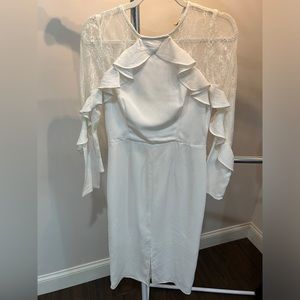 Women’s white lace midi dress.  Frills and lace design.